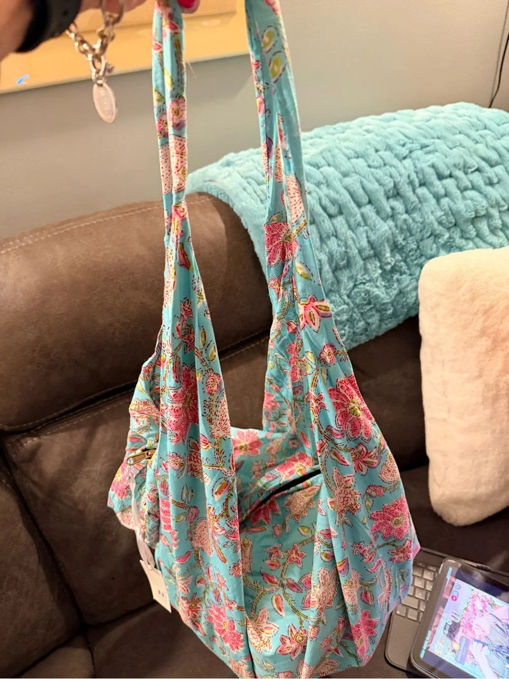 Karma Highway Floral Tote Bag in Aqua and Pink